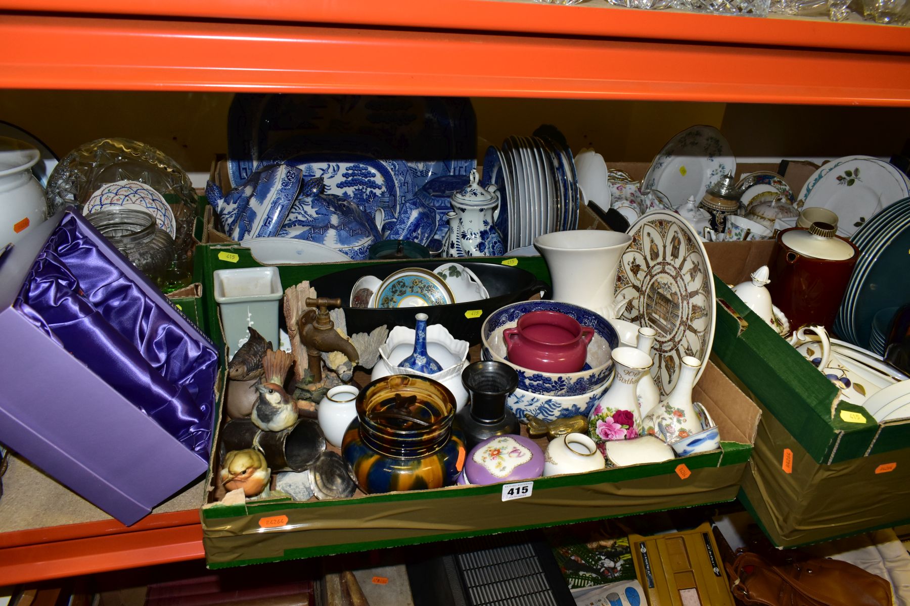 SIX BOXES OF CERAMICS AND GLASS, including Royal Albert Old Country Roses teapot, vintage Poole