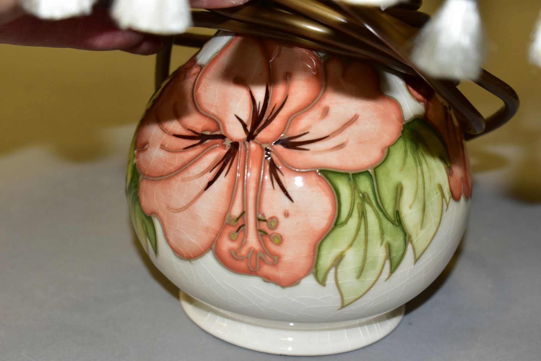 A MOORCROFT POTTERY BALUSTER TABLE LAMP, decorated with coral Hibiscus on a cream ground, - Image 5 of 5