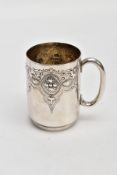 A LATE VICTORIAN SILVER CUP, cylindrical form with a decorative floral embossed design, plain