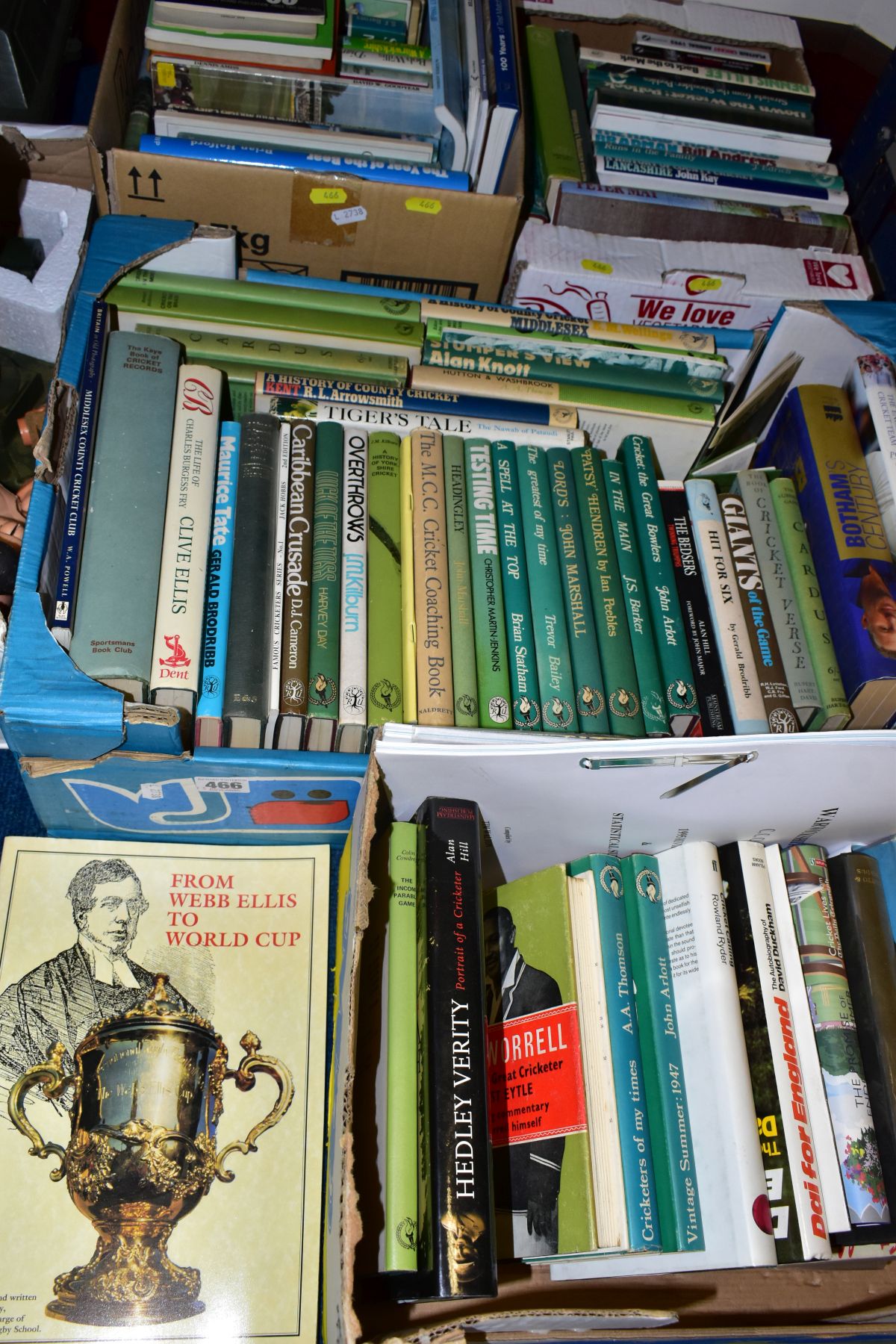 CRICKET BOOKS, four boxes containing approximately 90 Cricket titles including works by John Arlott,