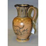 A DOULTON LAMBETH HANNAH BARLOW STONEWARE JUG OF BALUSTER FORM, hallmarked silver mount to the rim