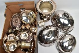 TWO BOXES OF WHITE METAL WARE, to include a white metal wine cooler, three oval domed covers,