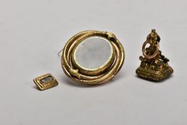 THREE ITEMS OF VICTORIAN JEWELLERY, to include an oval memorial brooch with central double sided