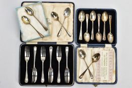 TWO CASED SETS OF SILVER CUTLERY AND SIX SILVER TEASPOONS, to include a cased set of six dessert