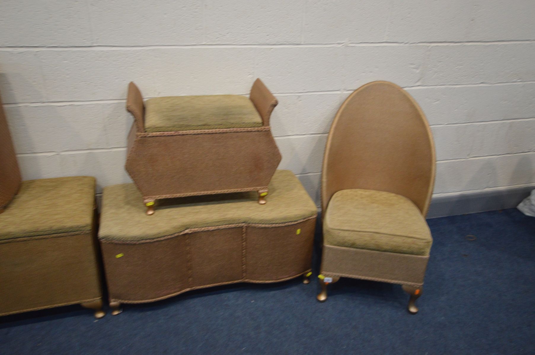 SIX GILT LLOYD LOOM STYLE BEDROOM FURNITURE, to include two ottomans, dressing stool, linen - Image 3 of 3