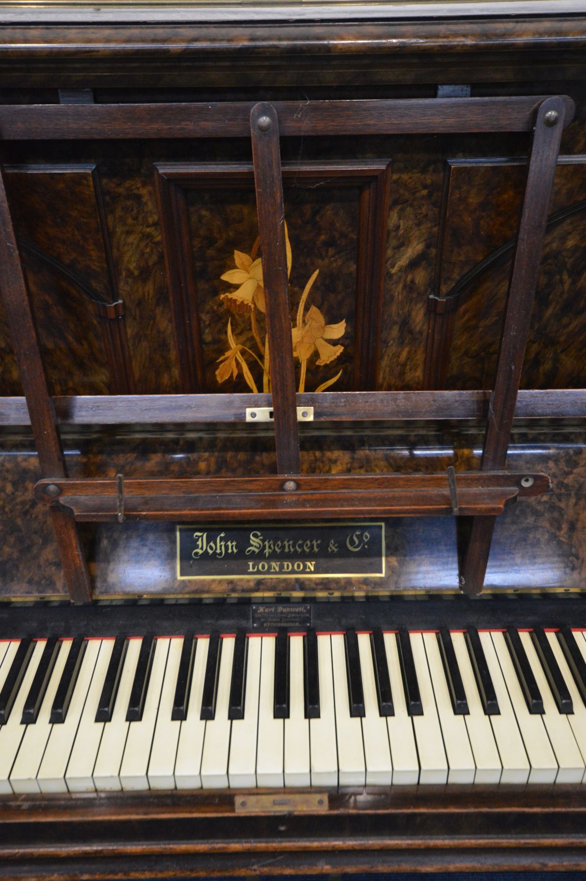 JOHN AND SPENCER & CO, LONDON, an upright overstrung piano, with twin brass candle holders (loose - Image 3 of 5