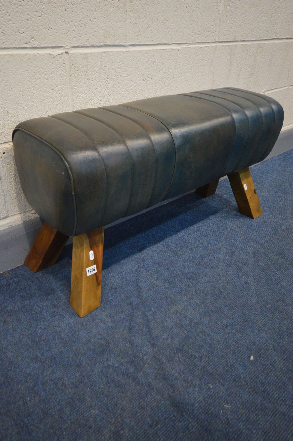 A LEATHER AND HARDWOOD POMMEL HORSE STYLE STOOL, length 90cm - Image 2 of 2