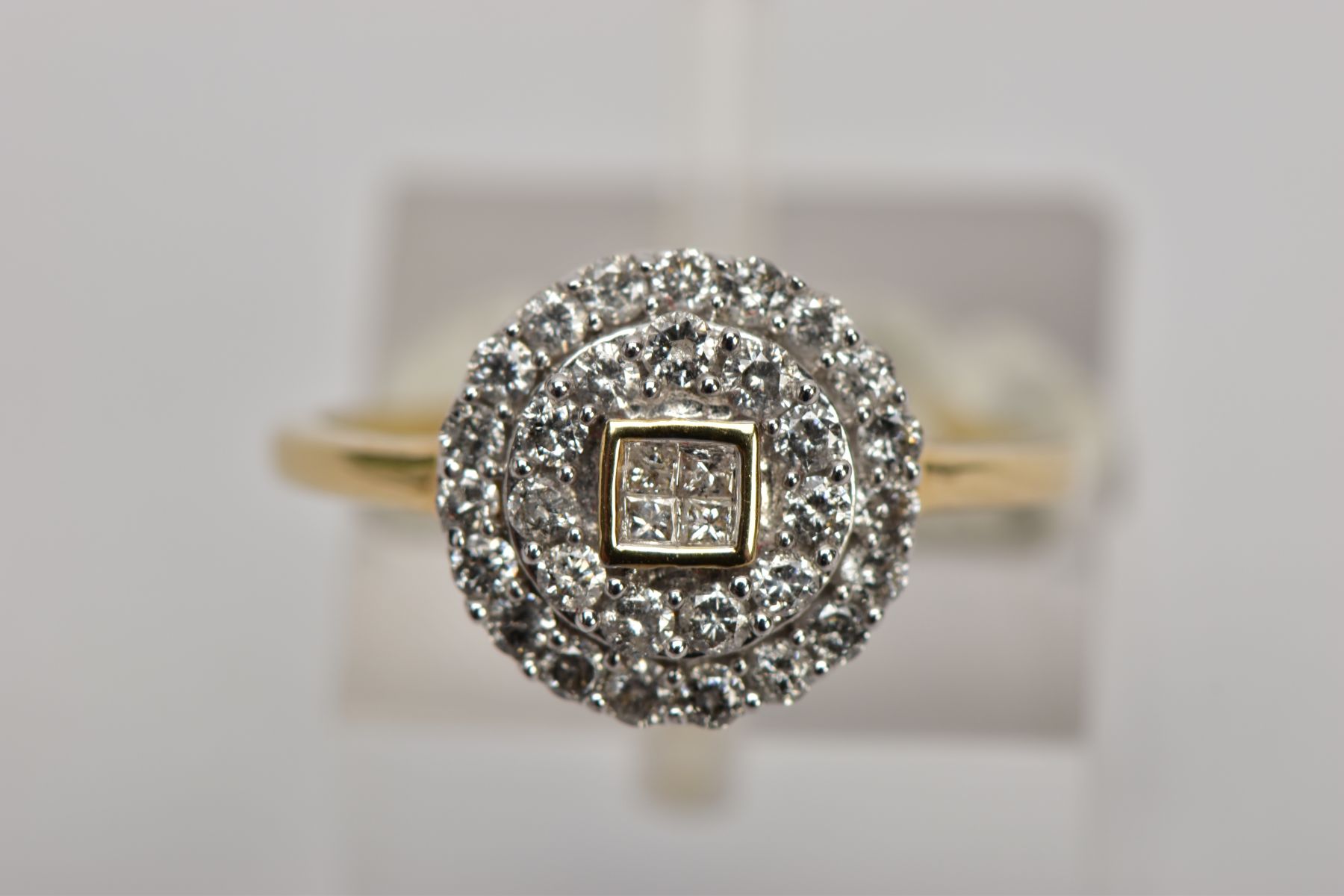 A 9CT GOLD DIAMOND CLUSTER RING, of a circular design, the central part set with four princess cut - Image 4 of 5