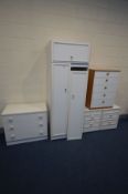 FIVE VARIOUS WHITE BEDROOM FURNITURE, to include, a two door wardrobe, two chest of drawers and a