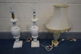 A PAIR OF WHITE ALABASTER TABLE LAMPS, on a stepped plinth, height 48cm, and a cream and gilt French