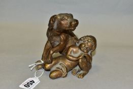 A LATE VICTORIAN GILT METAL CAST FIGURE OF A CHILD AND DOG, with two tiered stand, stand features