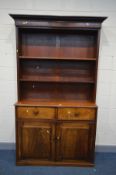 A VICTORIAN FLAME MAHOGANY OPEN BOOKCASE, with two adjustable shelves, above two drawers and