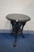 A CIRCULAR PAINTED CAST IRON PUB TABLE, with a stained wooden top, diameter 59cm x height 72cm