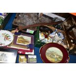 A COLLECTION OF PLACEMATS AND COASTERS AND THREE BOXES OF CERAMICS, GLASS AND METALWARE, etc, to