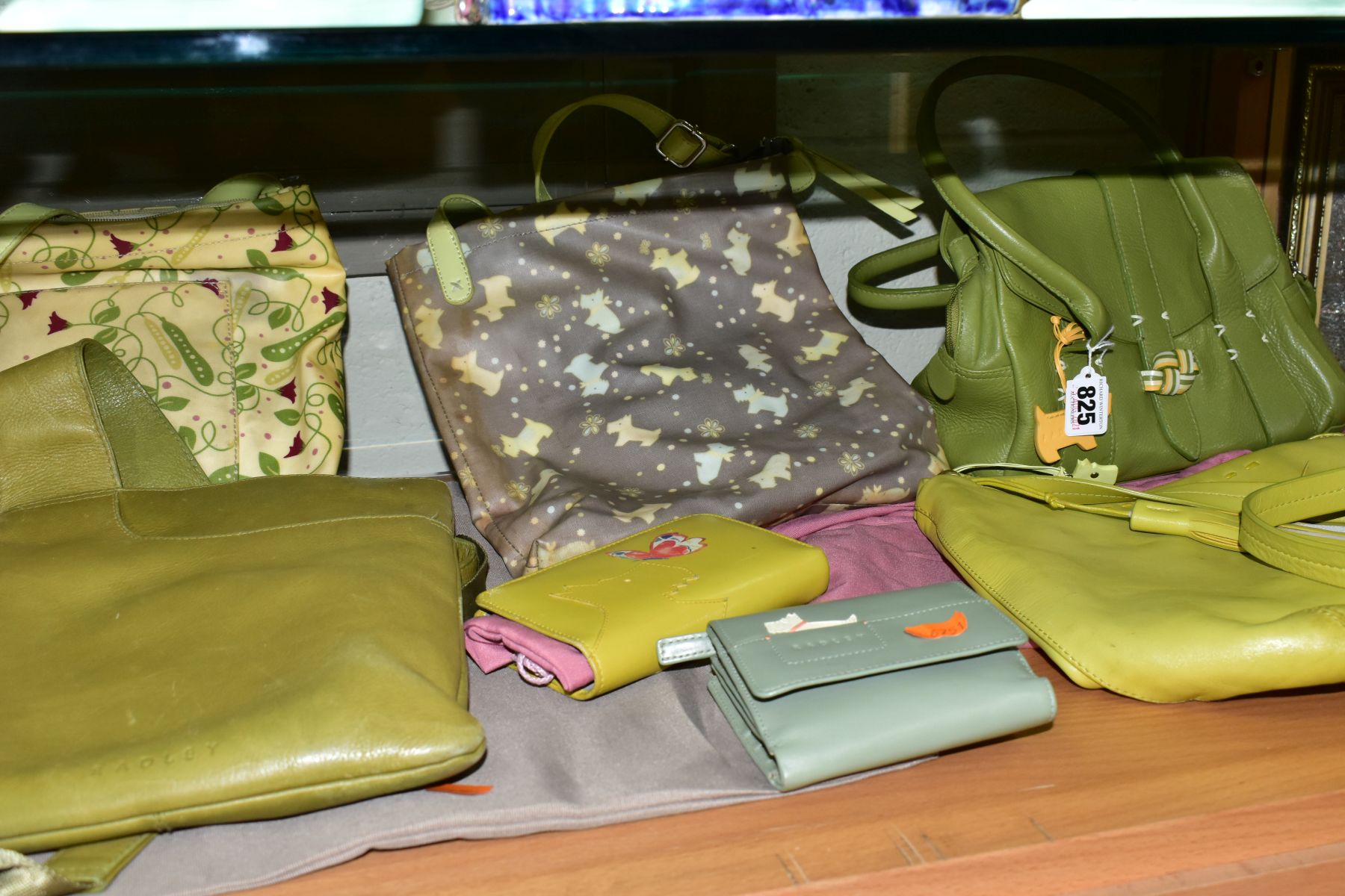 SEVEN RADLEY ITEMS - FIVE BAGS AND TWO PURSES comprising lime green purse, 9cm x 14cm, sage green