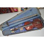 AN IMPROVED DOME VIOLIN CASE CONTAINING A VIOLIN AND TWO BOWS, the violin bears mother of pearl