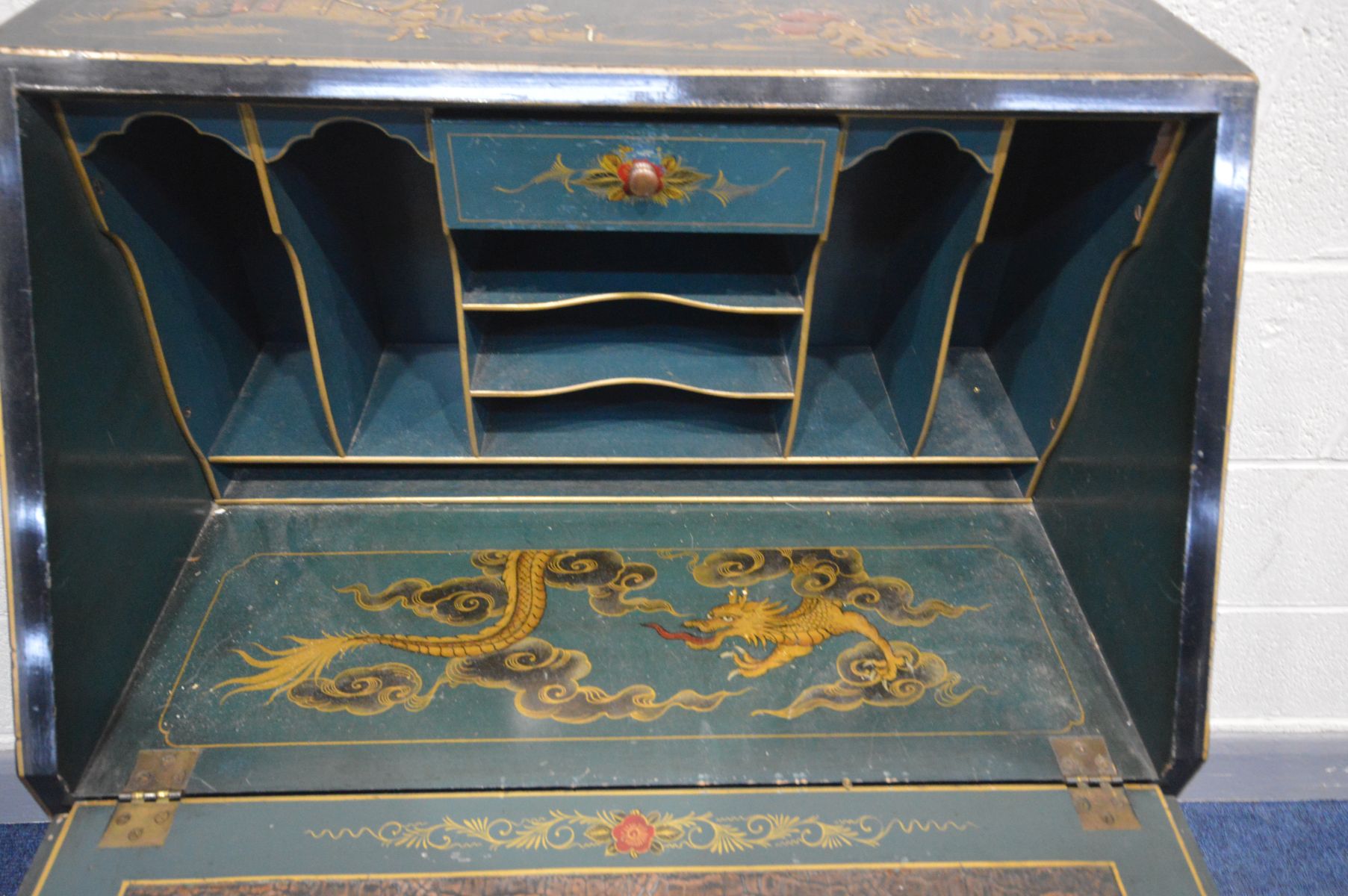 AN JAPANNED EBONISED AND PARCEL GILT BUREAU, with chinoiserie decoration, the fall front enclosing a - Image 3 of 5