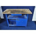 A CLARKE METAL FRAMED WORKBENCH with a 120cm wide 60cm deep and 3cm thick laminated wood top above a