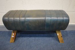 A LEATHER AND HARDWOOD POMMEL HORSE STYLE STOOL, length 90cm