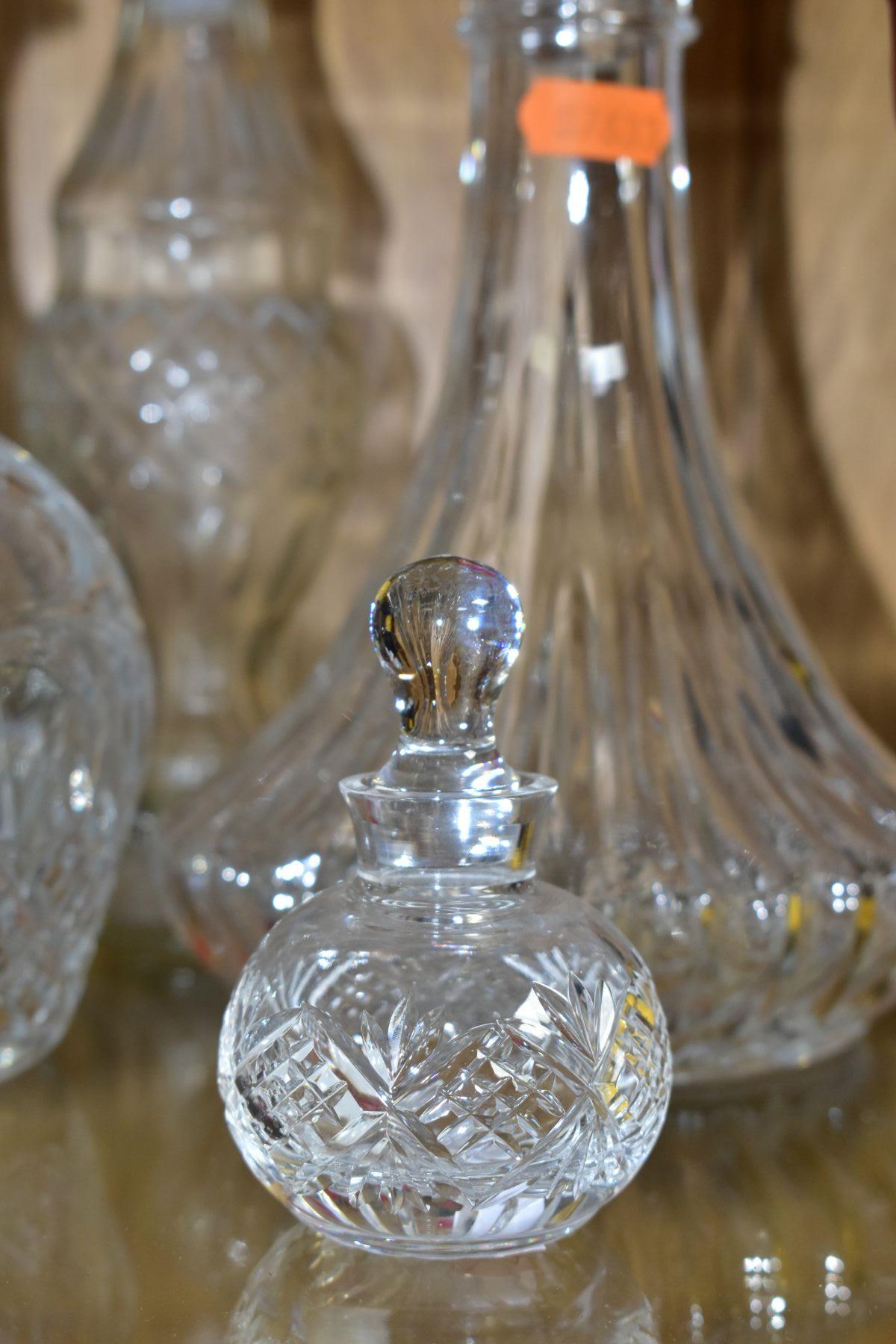 TEN CUT AND PRESSED GLASS DECANTERS AND BOTTLES, five with named porcelain decanter labels, one - Image 3 of 6