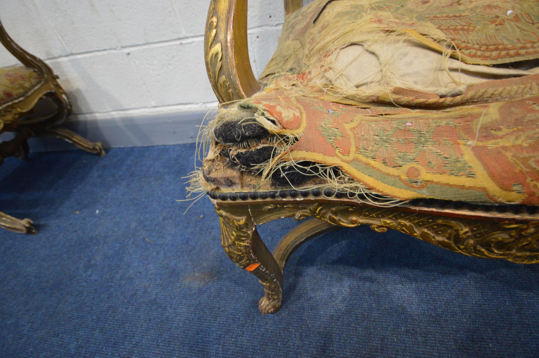 A LOUIS XVI STYLE OPEN GILTWOOD OPEN ARMCHAIR, square back, shaped legs united by a cross stretcher, - Image 4 of 10