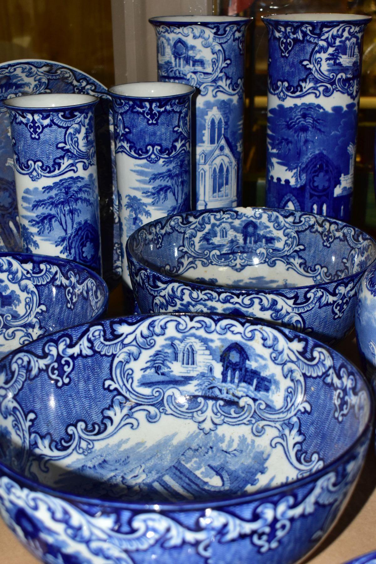 GEORGE JONES & SONS 'ABBEY 1790' BLUE AND WHITE VASES, BOWLS, etc comprising three shredded wheat - Image 5 of 9