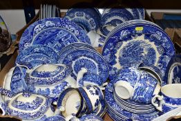 TWO BOXES OF BLUE AND WHITE CHINA, including 'Willow' pattern by Wood and Sons, Booths, Royal