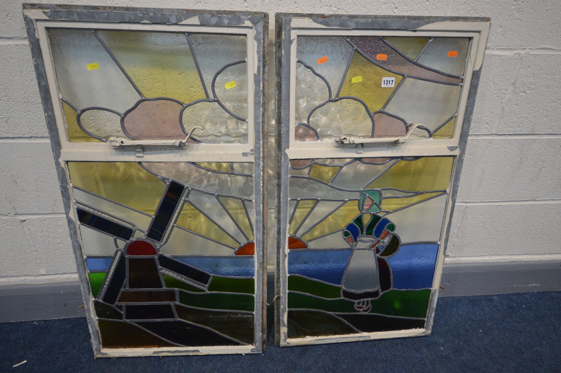 A PAIR OF EARLY 20TH CENTURY STAINED GLASS WINDOWS depicting a Dutch seascape with a windmill, - Image 4 of 7
