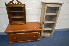 A 19TH CENTURY PINE MEAT SAFE, width 58cm x depth 32cm x height 130cm, along with a pine single