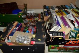 SIX BOXES AND LOOSE BOOKS, PICTURES, etc, including a glass candelabrum, handbags, etc (six boxes