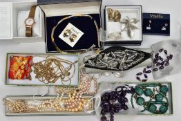 A BOX OF ASSORTED COSTUME JEWELLERY, to include a cultured pearl necklace fitted with a yellow metal
