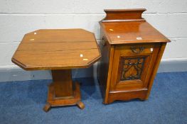 AN EDWARDIAN OAK FALL FRONT PURDONIUM, along with an oak occasional table (condition - occasional