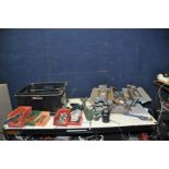 A METAL TOOLBOX AND A TRAY CONTAINING TOOLS including a Black and Decker 9.6v cordless drill with