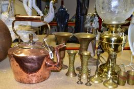 A BRASS AND COPPER KETTLE, BRASS LAMP AND INDIAN BRASS ITEMS, etc, to include a set of fire irons