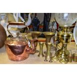 A BRASS AND COPPER KETTLE, BRASS LAMP AND INDIAN BRASS ITEMS, etc, to include a set of fire irons