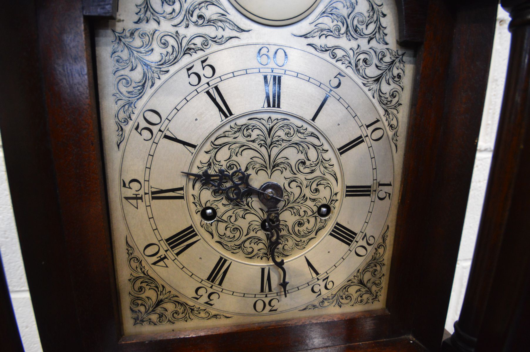 A MAHOGANY CHIMING GRANDDAUGHTER CLOCK, the silvered 6 inch dial with tempus fugit labelled to arch, - Image 3 of 4