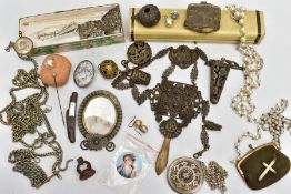 A BOX OF MISCELLANEOUS ITEMS, to include a ladies' cast metal chatelaine belt clip suspending