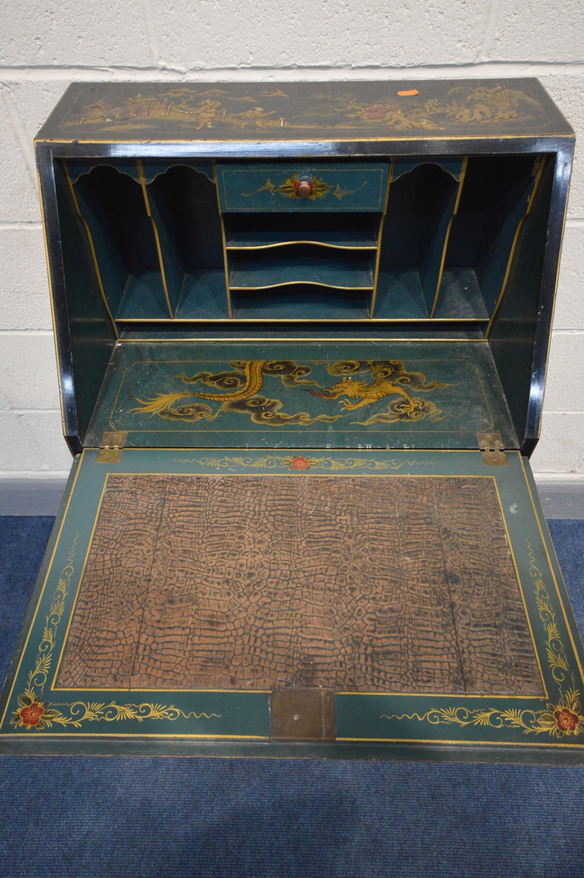 AN JAPANNED EBONISED AND PARCEL GILT BUREAU, with chinoiserie decoration, the fall front enclosing a - Image 2 of 5