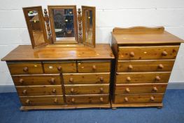 A PINE SIDEBOARD/CHEST OF NINE ASSORTED DRAWERS, width 127cm x depth 44cm x height 87cm, triple