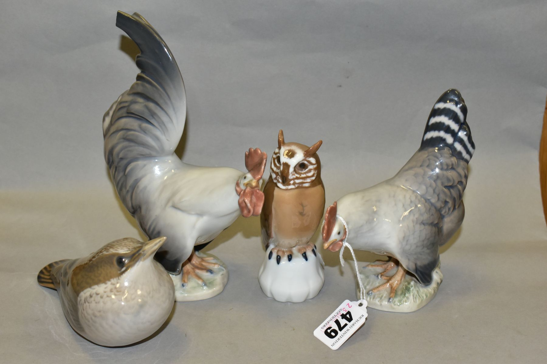 THREE ROYAL COPENHAGEN PORCELAIN BIRDS AND ANOTHER SIMILAR, comprising 1024 Hen, 1025 Cockerel