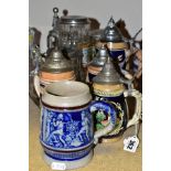 NINE STEINS, FIVE CERAMIC AND FOUR GLASS, eight with lids (large chip and extensive crack to one