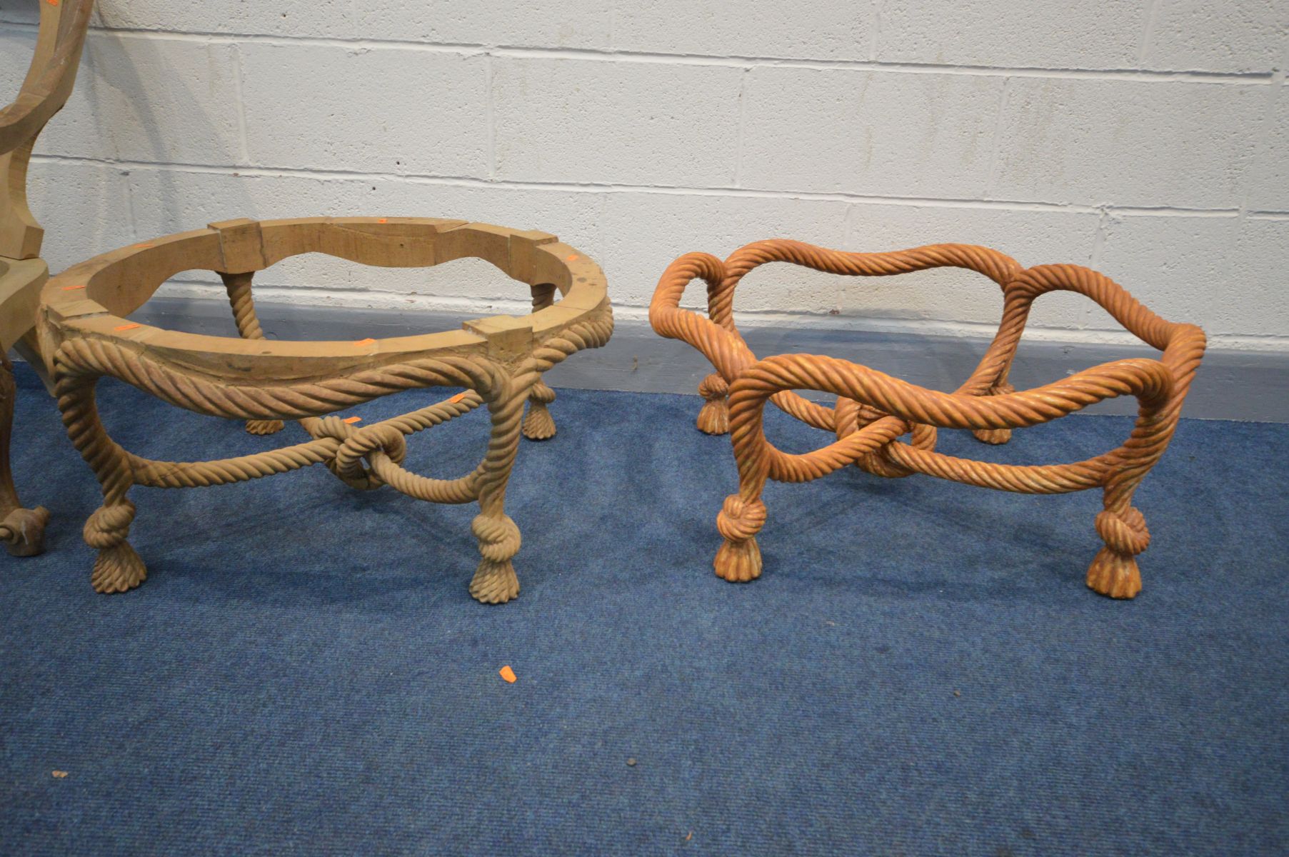 TWO HARDWOOD PARTIALLY COMPLETE ROPE EFFECT STOOLS, diameter 74cm x height 34cm, along with - Image 2 of 4