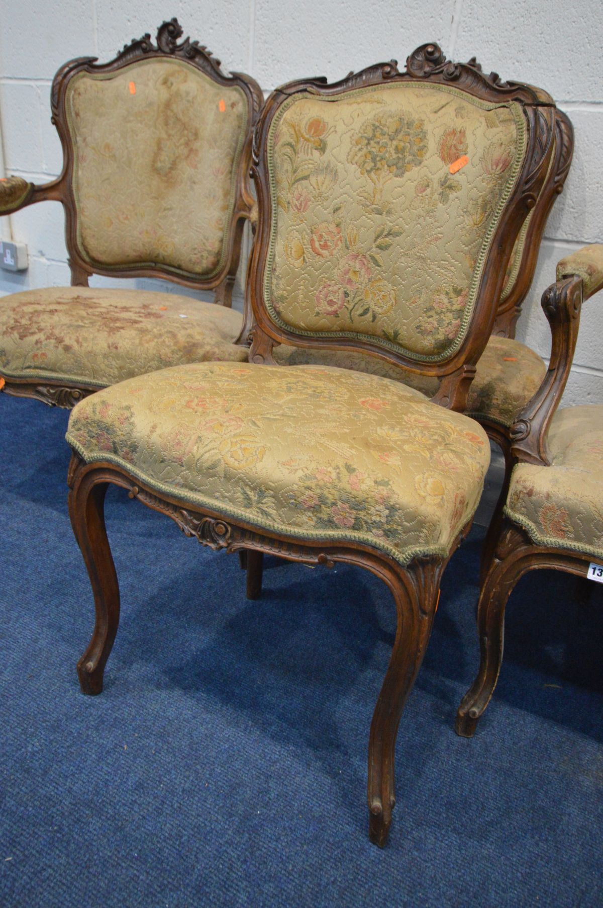 A LOUIS XV STYLE MAHOGANY SEVEN PIECE SALON SUITE, comprising a sofa with open armrests, pair of - Image 4 of 4