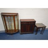 A WALNUT DEMI LUNE CHINA CABINET, along with a mahogany side cabinet and a nest of three tables (3)