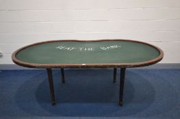 A BESPOKE MAHOGANY OVAL/KIDNEY SHAPED BLACK JACK GAMES TABLE, with green baize, on cylindrical legs,
