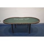 A BESPOKE MAHOGANY OVAL/KIDNEY SHAPED BLACK JACK GAMES TABLE, with green baize, on cylindrical legs,