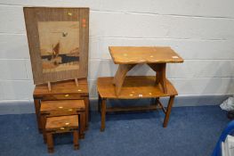 AN OAK COFFEE TABLE, an ash bench, hardwood nest of three tables and a fire screen (4)