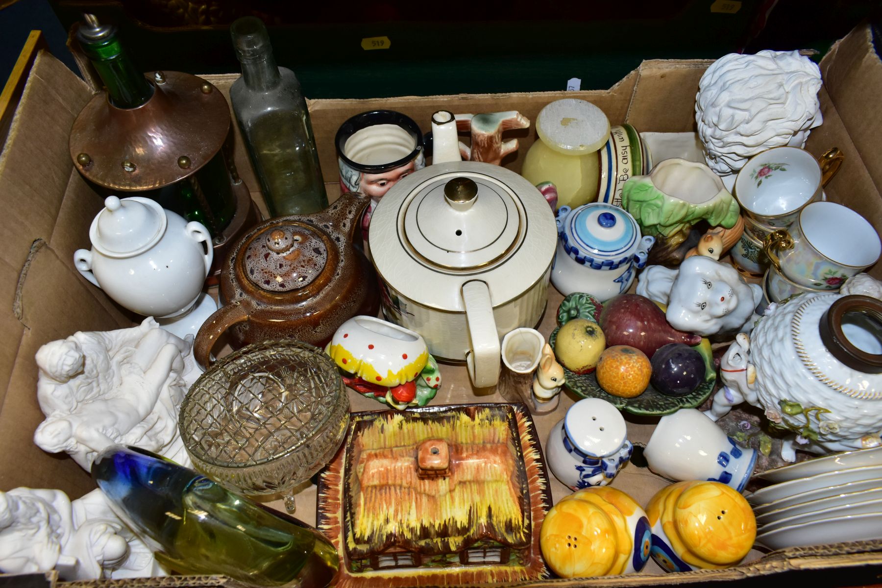 FOUR BOXES OF CERAMICS AND GLASS to include two tobacco jars, treacle glazed, height 14.5cm (missing - Image 2 of 14