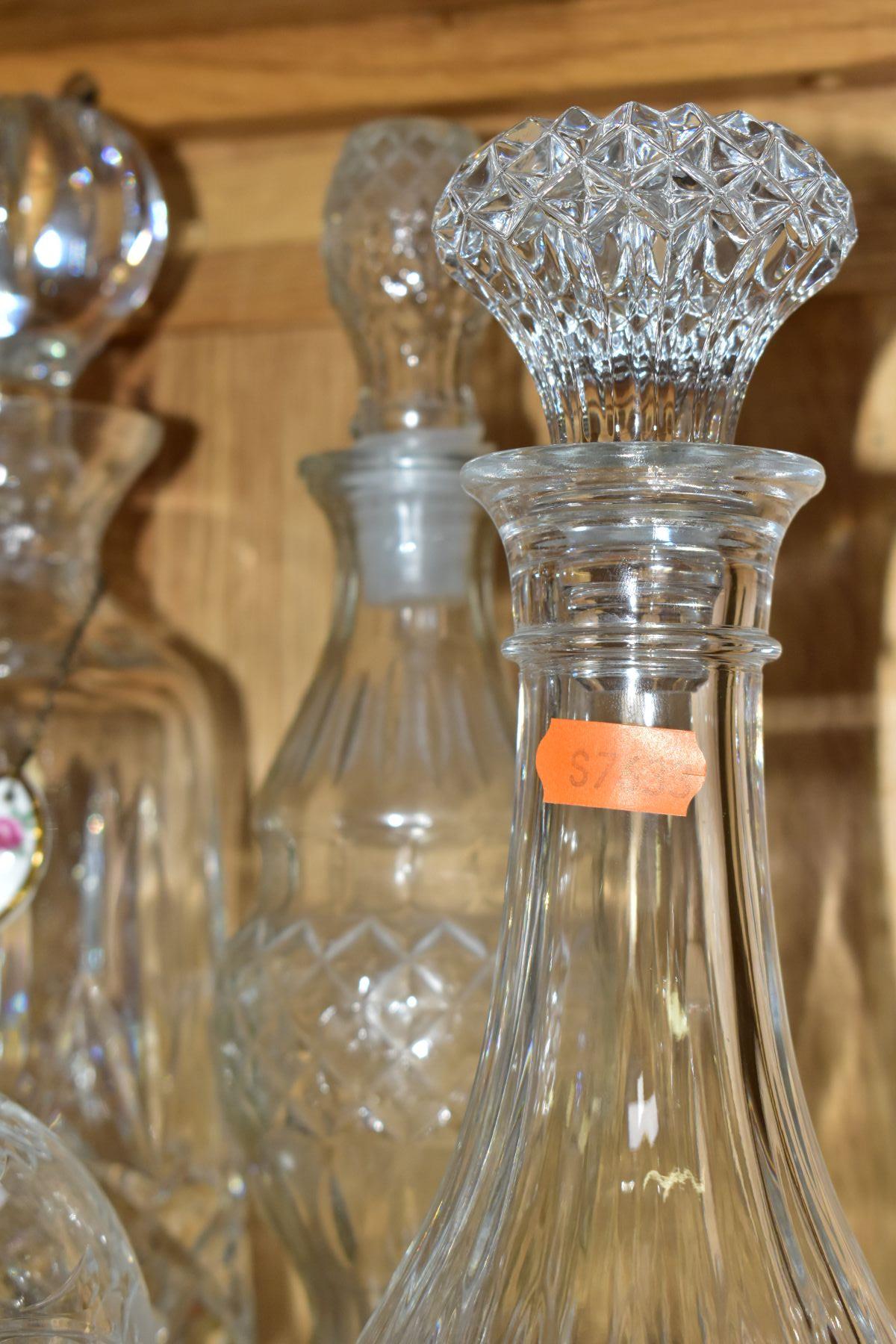 TEN CUT AND PRESSED GLASS DECANTERS AND BOTTLES, five with named porcelain decanter labels, one - Image 5 of 6