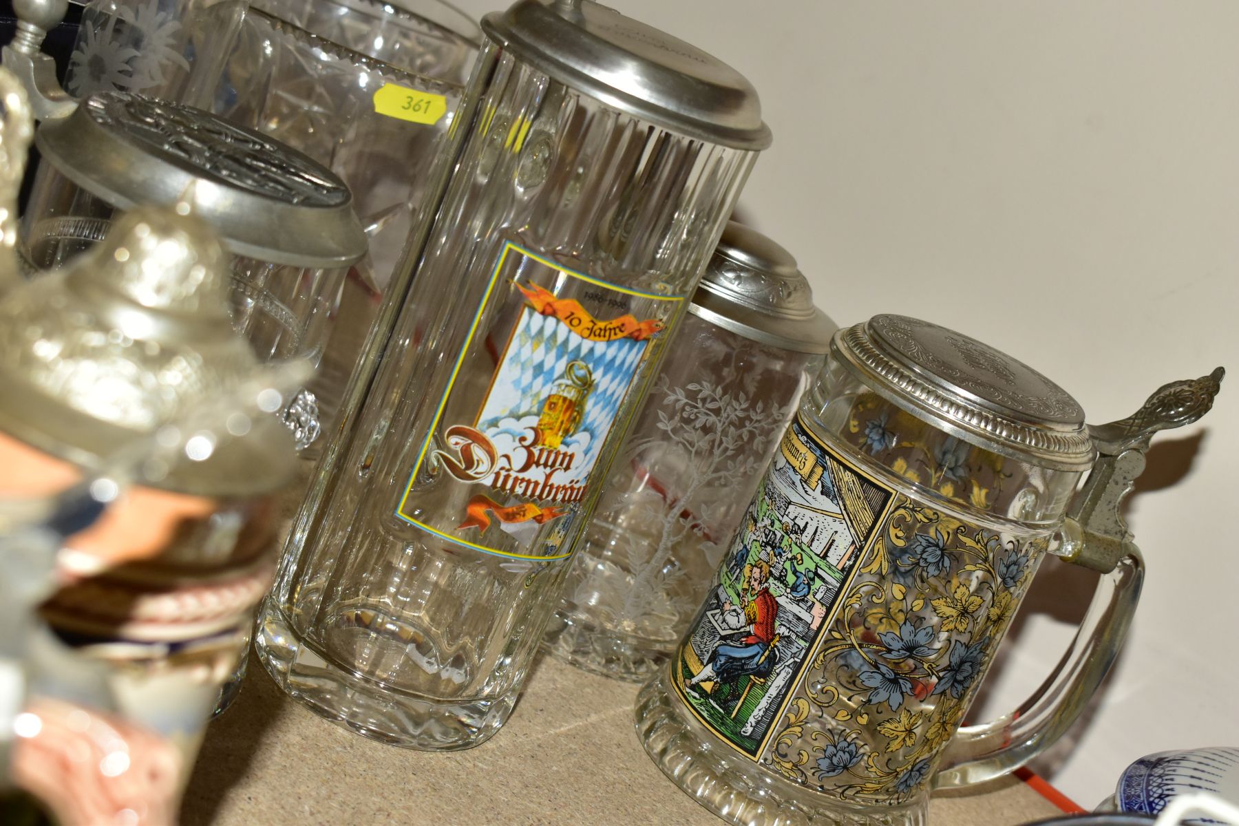 NINE STEINS, FIVE CERAMIC AND FOUR GLASS, eight with lids (large chip and extensive crack to one - Bild 5 aus 5